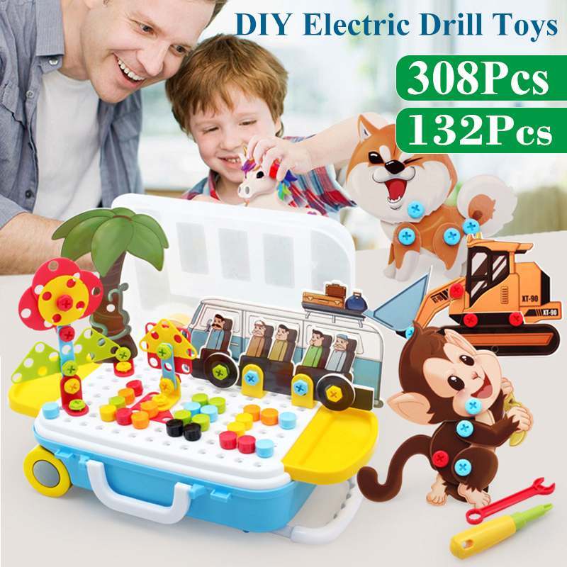 132/308Pcs Kids Electric Drill Toys DIY Educational Puzzle